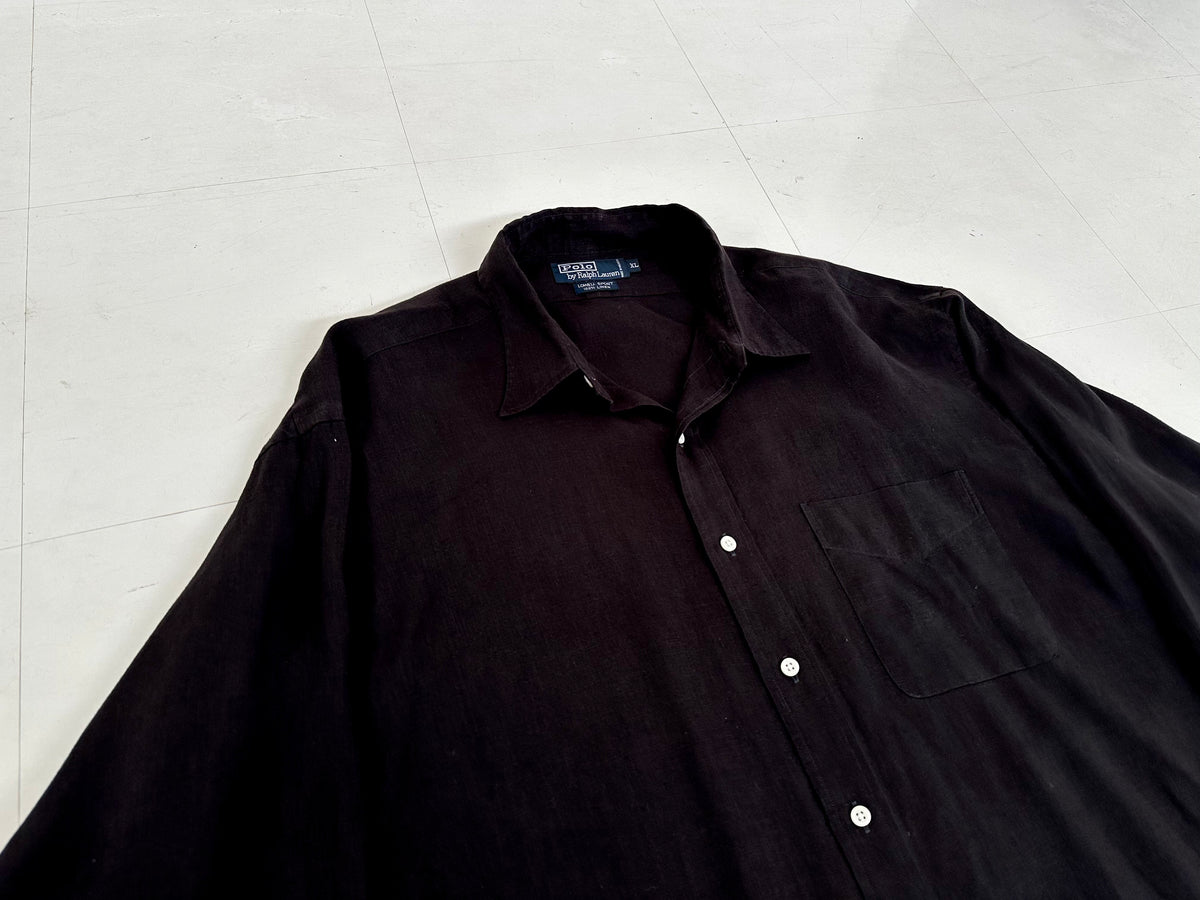 黒リネン Polo by Ralph Lauren LOWELL SPORT M 90s Polo Ralph Lauren LOWELL SPORT Linen L/S Shirt XL Black – NO
