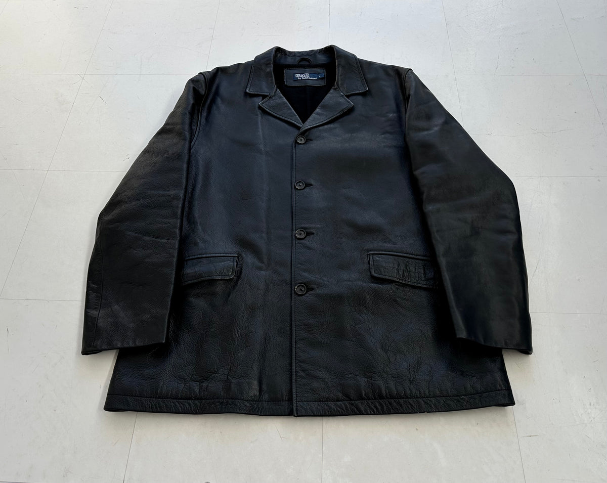 90s Polo Ralph Lauren Leather CarCoat L Black – NO BURCANCY