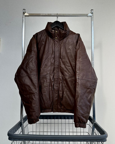 80s Eddie Bauer Leather Puffer Jacket L TALL Brown