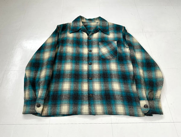 60s Shadow Plaid Loop Wool Shirt Emerald