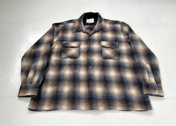 60s Cascade Shadow Plaid Loop Wool Shirt XL Navy&Brown