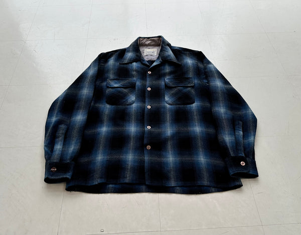 60s Cascade Shadow Plaid Wool Board Shirt M Black&Blue