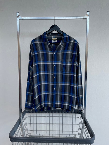 60s GRANELLA Shadow Plaid Rayon Shirt M Blue Black & Gray