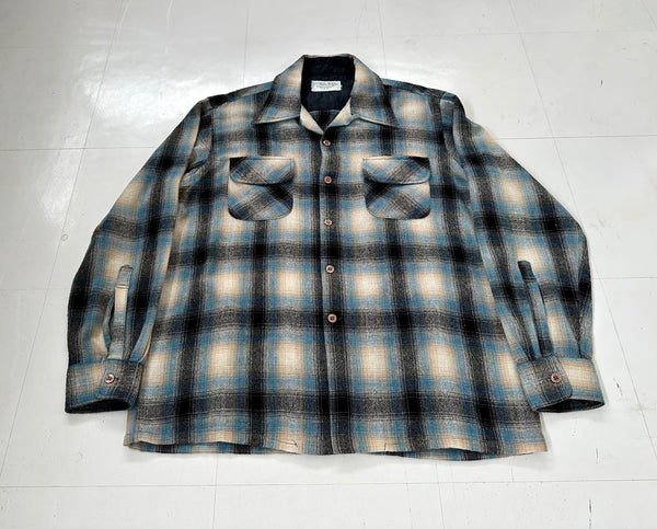 70s JC PENNEY Shadow Plaid Loop Wool Shirt L Turquoise&Black