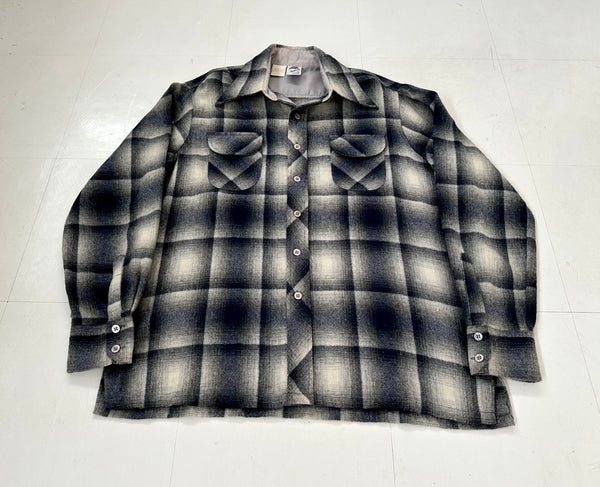 70s KENNINGTON Shadow Plaid Wool Shirt L DeepNavy