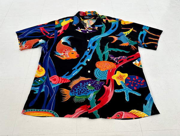 90s Polo Ralph Lauren CALDWELL Black Ocean Rayon Loop Shirt XL