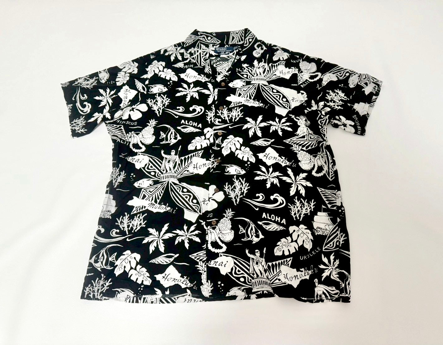 希少 ポロラルフローレン アロハ ブラック 90s Ralph Lauren 90s Polo Ralph Lauren Black Hawaiian Shirt XL – NO BURCANCY