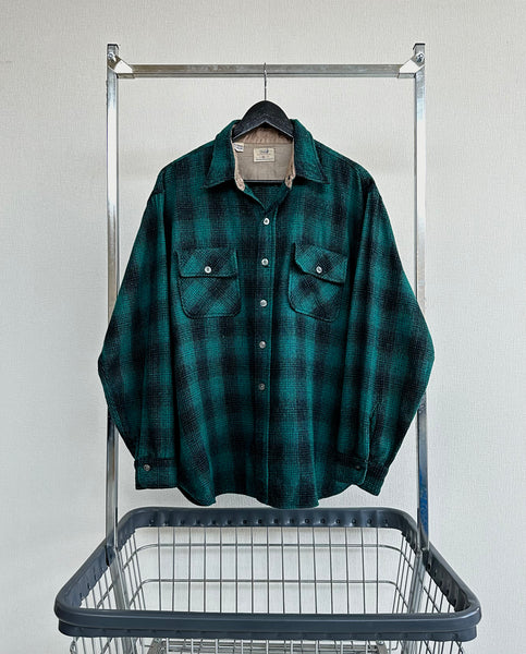 50s Sears Shadow Plaid Wool Shirt XL Green&Black
