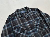 60s PENDLETON Shadow Plaid Wool Board Shirt L DeepNavy&Blue