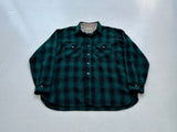 50s Sears Shadow Plaid Wool Shirt XL Green&Black