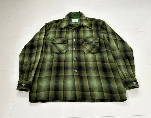 60s Cascade Shadow Plaid Loop Wool Shirt M Khaki&Black