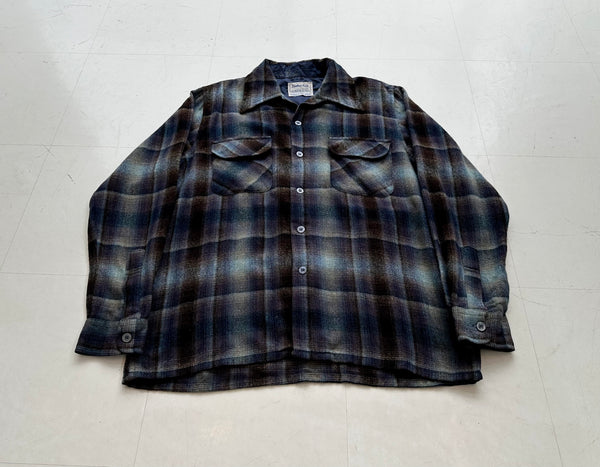 60s Lumber Jack Shadow Plaid Wool Board Shirt M Navy&Brown