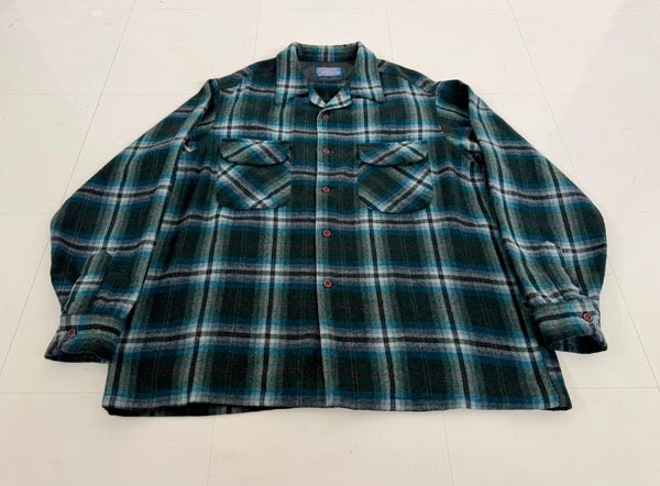 60s Pendleton Shadow Plaid Board Shirt XL Emerald
