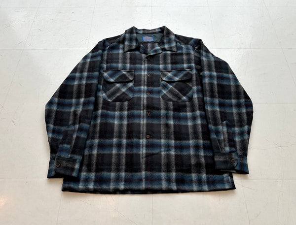 60s PENDLETON Shadow Plaid Wool Board Shirt L DeepNavy&Blue