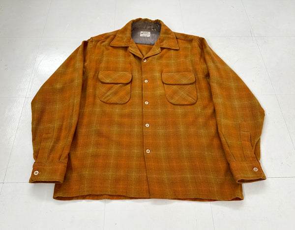 60s Woolshire Shadow Plaid Wool Loop Shirt M Orange