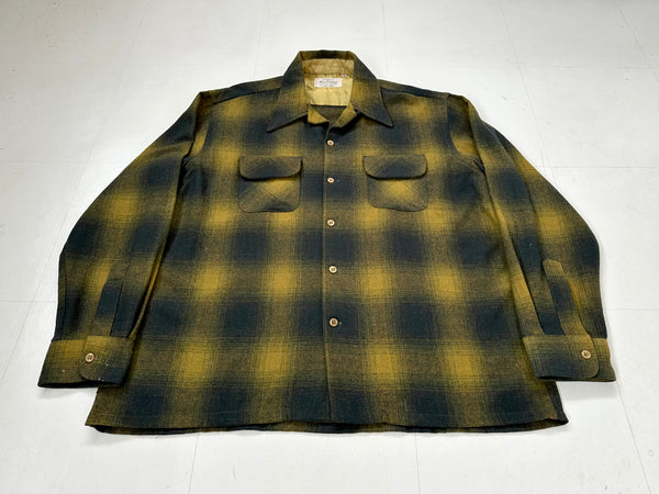 60s Woolshire Shadow Plaid Loop Wool shirt XL Mustard&Black