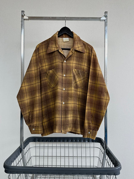 60s Sears Shadow Plaid Print Flannel Shirt M Mustard&Brown