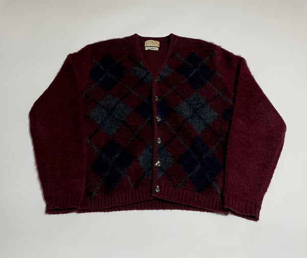 50s vintage ARROW Mohair Cardigan Argyle Burgundy L