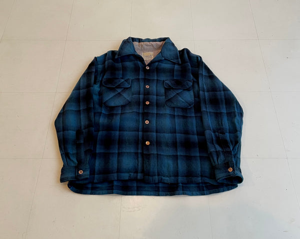 50s Vintage Cascade Ombre Wool Opencollar Shirt Blue&Black L
