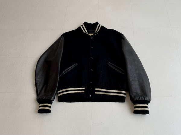 80s Vintage DeLONG Varsity jacket Black Leather 44