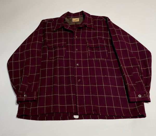 50s Vintage Wool stitch check Opencollar shirt Burgundy L