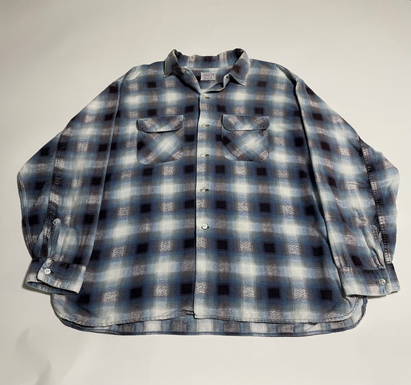 60s Vintage BRENT Ombre Print Flannel Shirt Turquoise,Navy&White XL