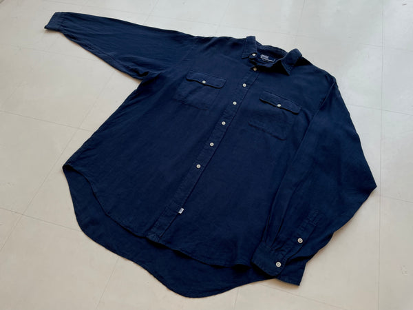 90s RalphLauren 100%Linen L/S Shirt Navy XL
