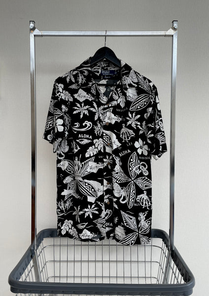 90s Vintage Polo RalphLauren “Black Hawaiian”Rayon Opencollar Shirt S Black
