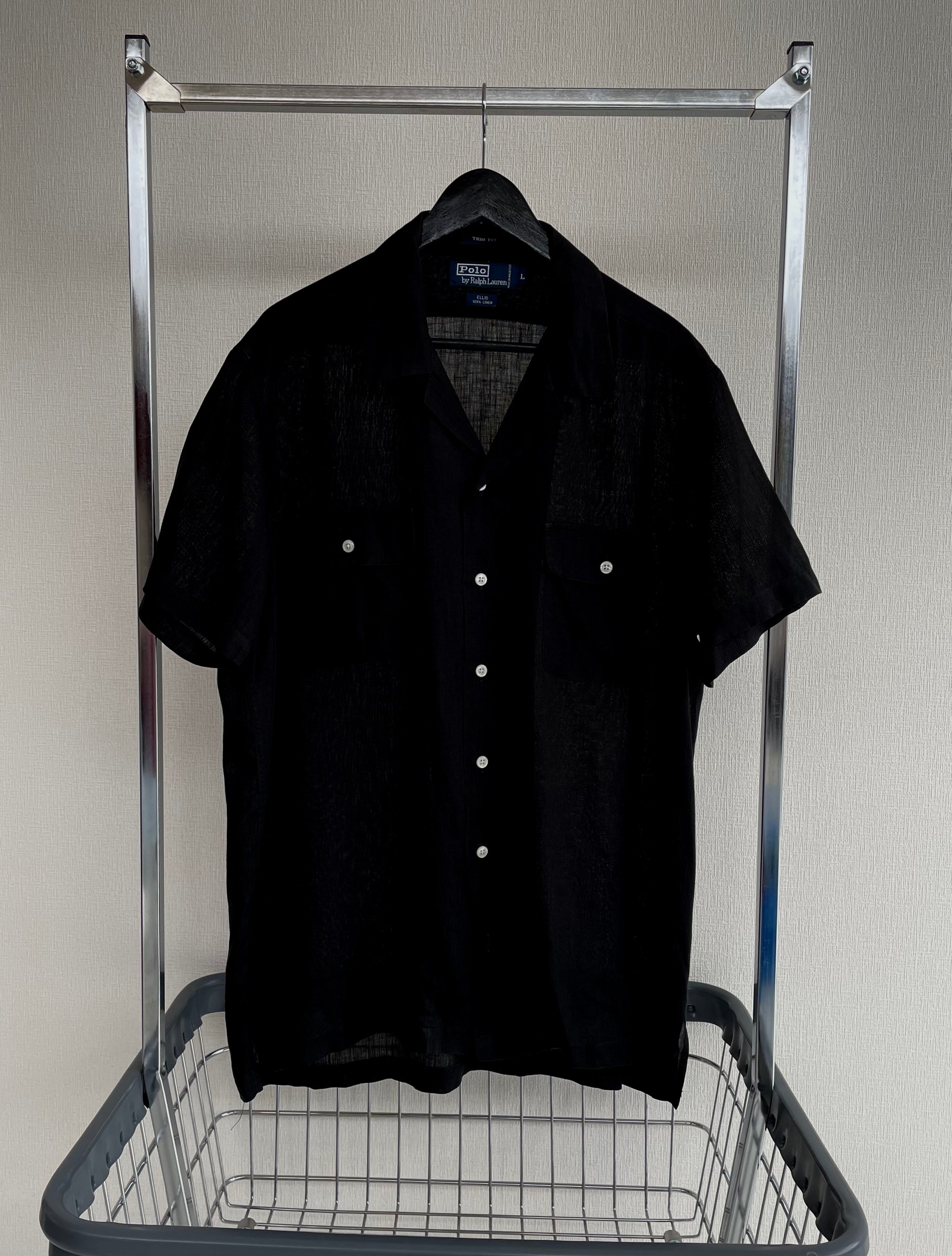 90s Vintage RalphLauren ELLIS 100%Linen OpenCollar Shirt L Black
