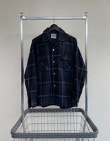 70s K MART ShadowPlaid Wool Shirt M Navy