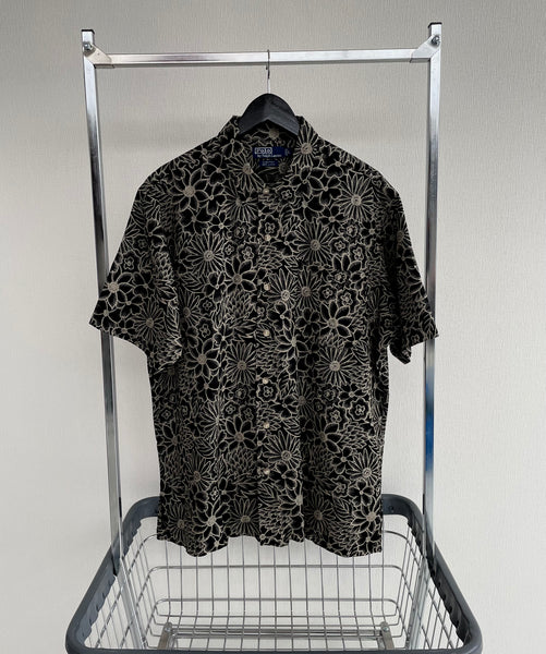 90s Vintage RalphLauren “Black Flower”Linen Shirt XL Black