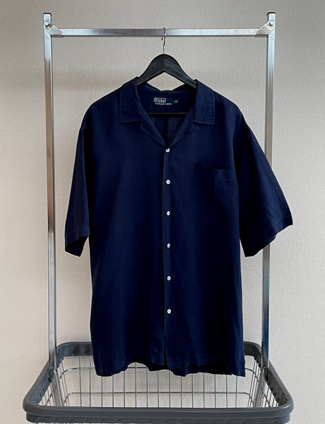 90s Vintage Polo RalphLauren Silk&Linen OpenCollar Shirt XL Navy