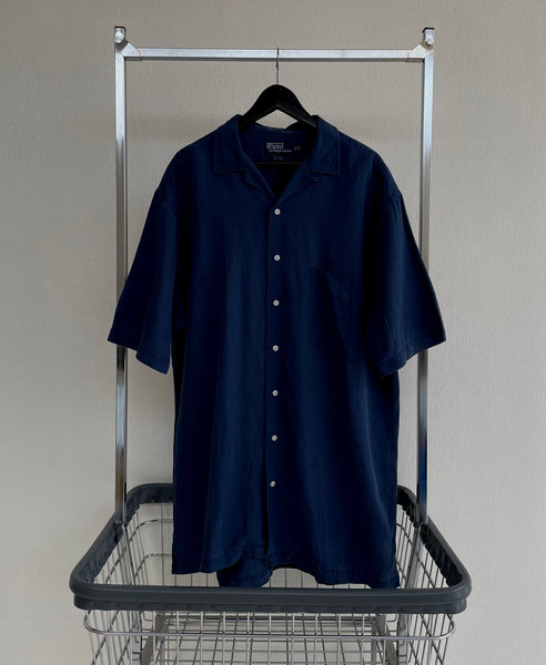 90s Vintage RalphLauren Silk&Linen OpenCollar Shirt L Navy