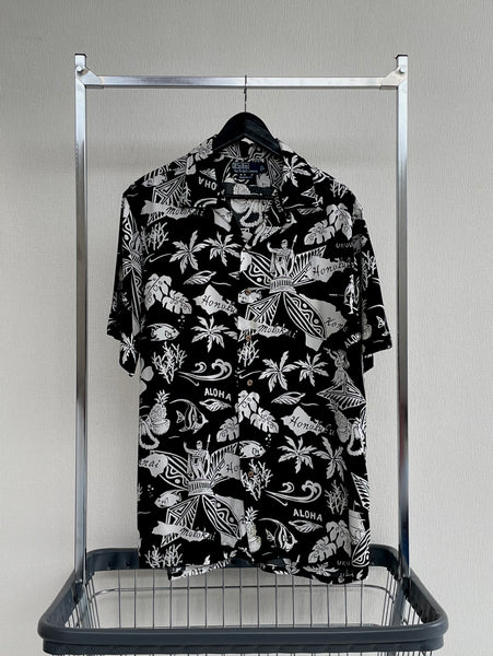 90s Vintage Polo RalphLauren Black Hawaiian OpenCollar Rayon Shirt M Black&White
